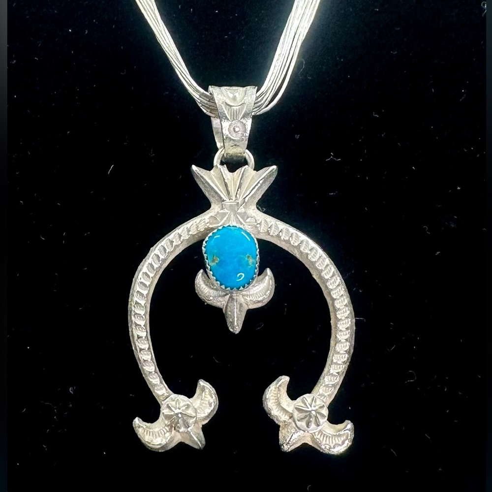 KB KEVIN BILLAH Navajo Sterling Turquoise Squash Blossom Liquid Silver Necklace